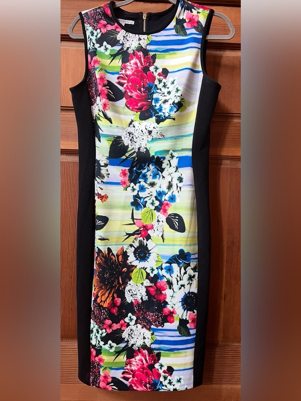 Maggy London Black Floral Panel Bodycon Dress size 10